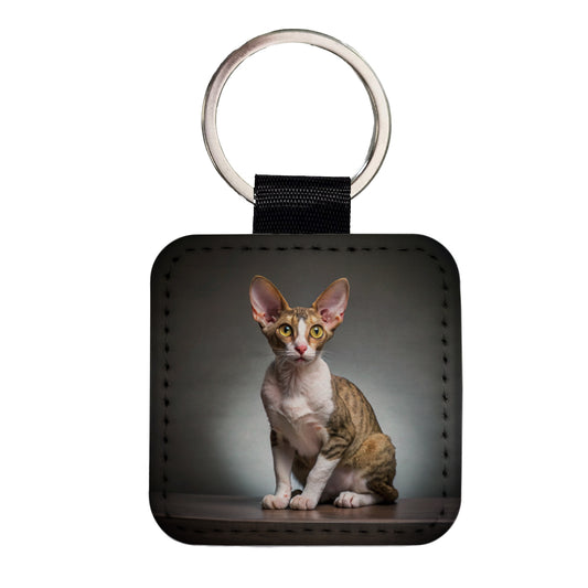 Cornish Rex Cat Photo Square Faux Leather Keychain