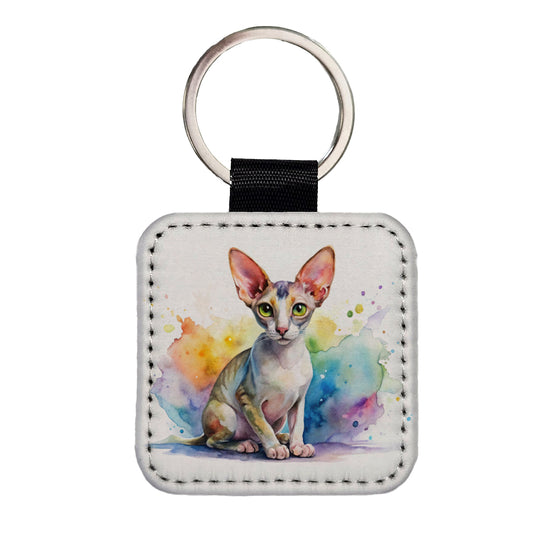 Cornish Rex Cat Watercolor Style Square Faux Leather Keychain