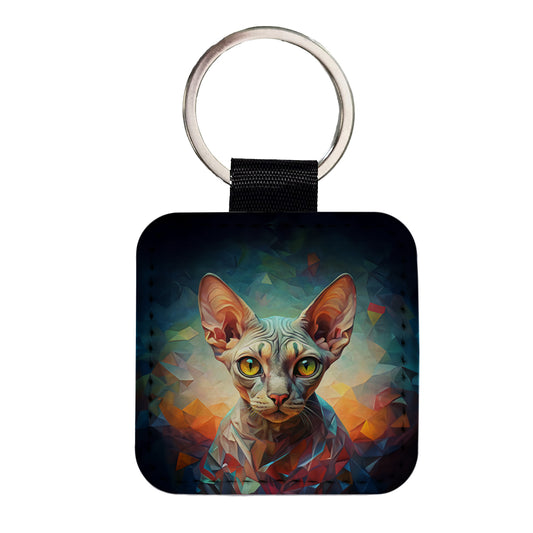 Devon Rex Cat Abstract Art Square Faux Leather Keychain