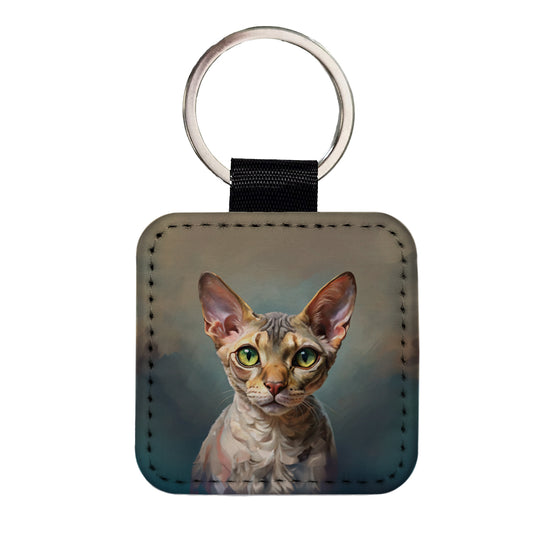 Devon Rex Cat Illustration Square Faux Leather Keychain