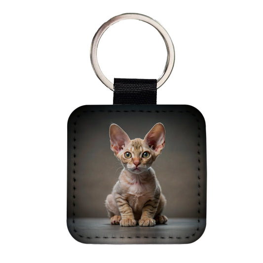 Devon Rex Cat Kitten Photo Square Faux Leather Keychain
