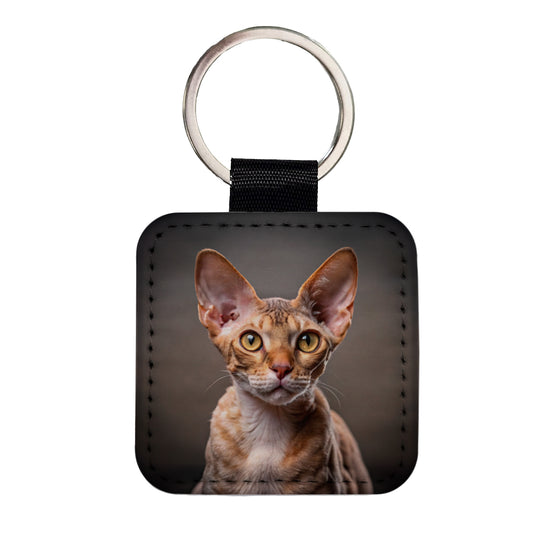 Devon Rex Cat Photo Square Faux Leather Keychain