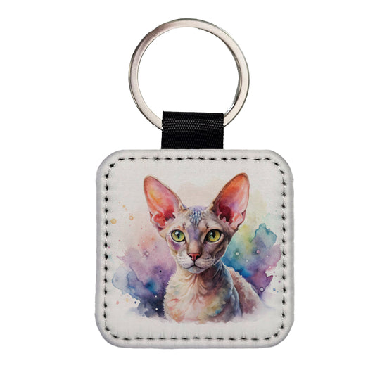 Devon Rex Cat Watercolor Style Square Faux Leather Keychain