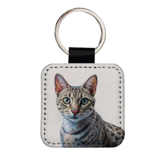 Egyptian Mau Cat Illustration Square Faux Leather Keychain