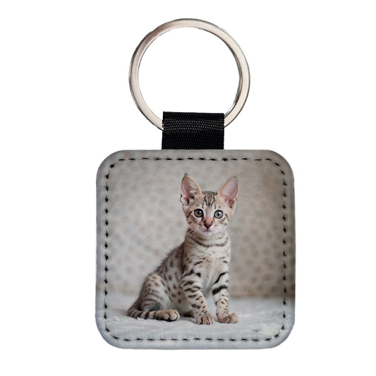 Egyptian Mau Cat Kitten Photo Square Faux Leather Keychain