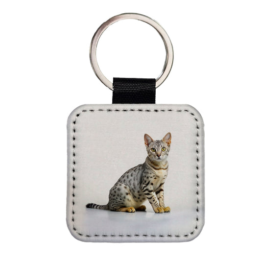 Egyptian Mau Cat Photo Square Faux Leather Keychain