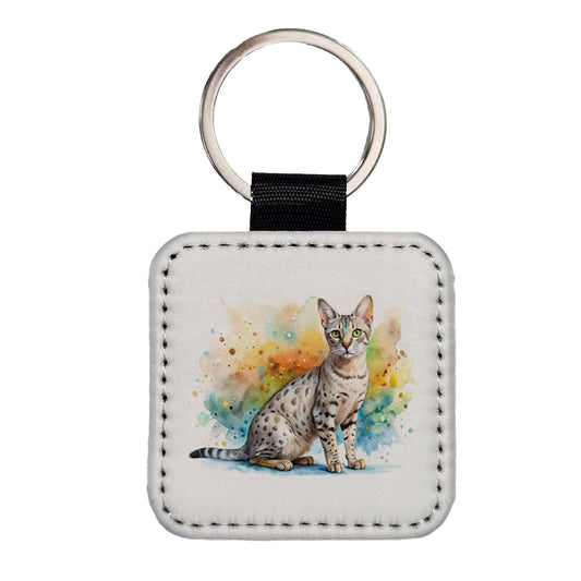 Egyptian Mau Cat Watercolor Style Square Faux Leather Keychain