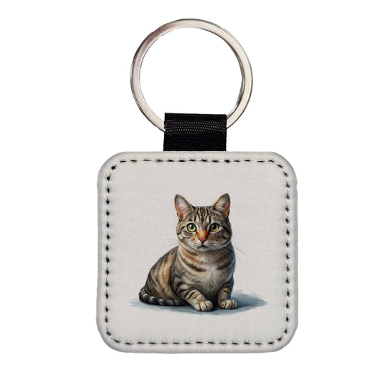 European Shorthair Cat Illustration Square Faux Leather Keychain