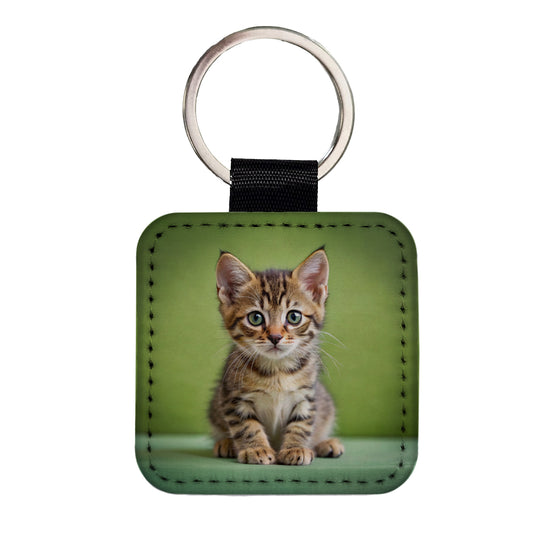 European Shorthair Cat Kitten Photo Square Faux Leather Keychain