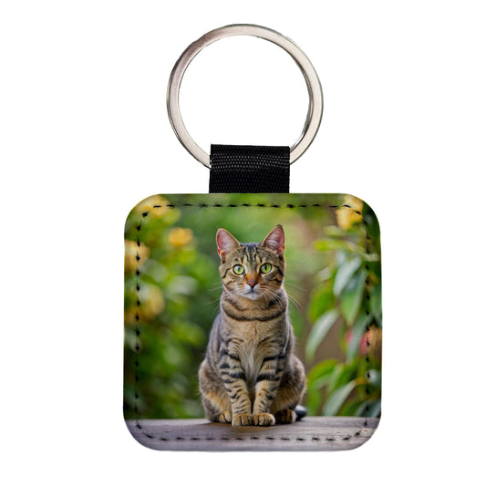 European Shorthair Cat Photo Square Faux Leather Keychain