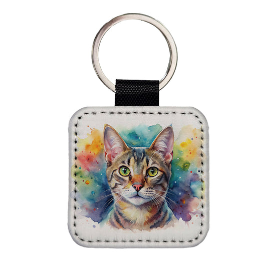 European Shorthair Cat Watercolor Style Square Faux Leather Keychain