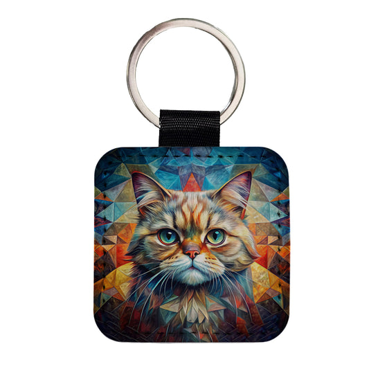 Exotic Shorthair Cat Abstract Art Square Faux Leather Keychain