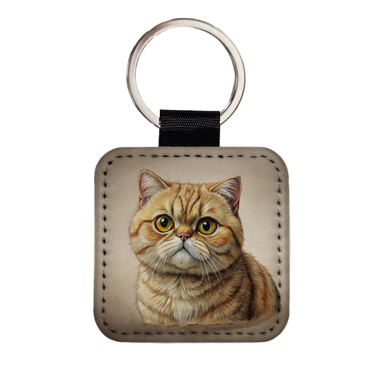 Exotic Shorthair Cat Illustration Square Faux Leather Keychain