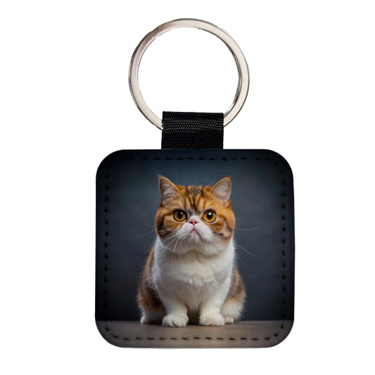 Exotic Shorthair Cat Photo Square Faux Leather Keychain