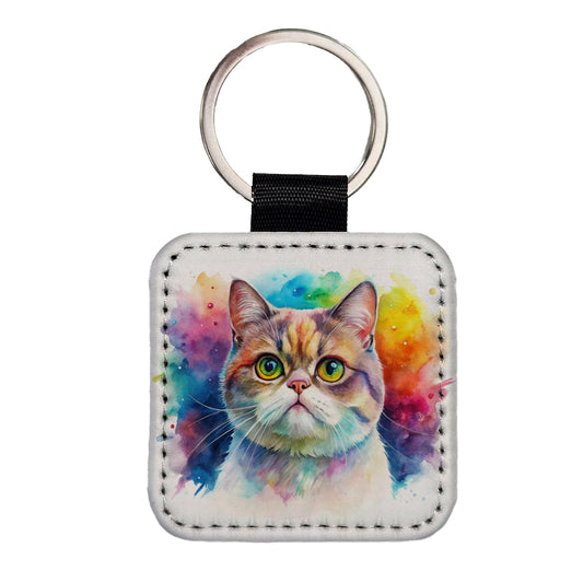 Exotic Shorthair Cat Watercolor Style Square Faux Leather Keychain