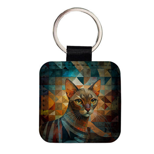 Havana Brown Cat Abstract Art Square Faux Leather Keychain