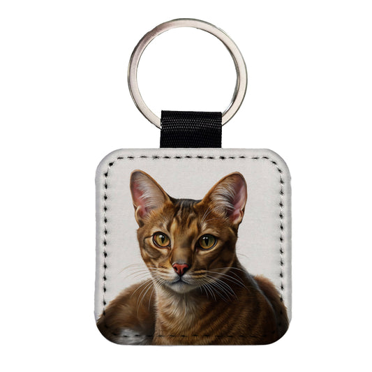 Havana Brown Cat Illustration Square Faux Leather Keychain