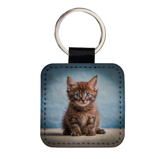 Havana Brown Cat Kitten Photo Square Faux Leather Keychain