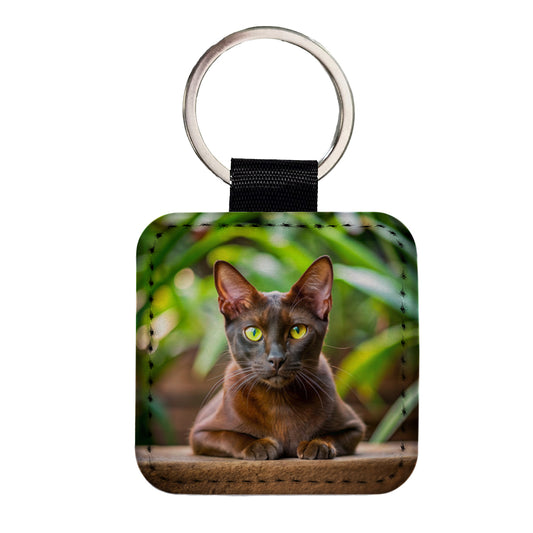 Havana Brown Cat Photo Square Faux Leather Keychain