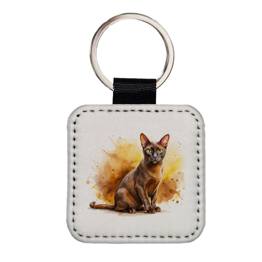Havana Brown Cat Watercolor Style Square Faux Leather Keychain