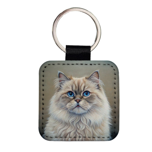 Himalayan Cat Illustration Square Faux Leather Keychain