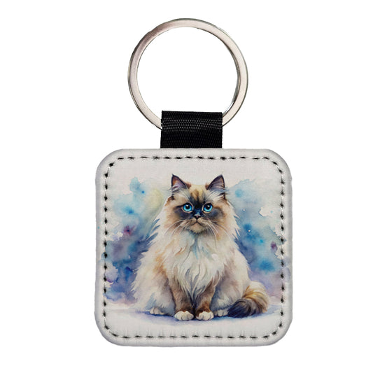 Himalayan Cat Watercolor Style Square Faux Leather Keychain
