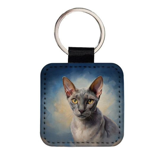 Korat Cat Illustration Square Faux Leather Keychain