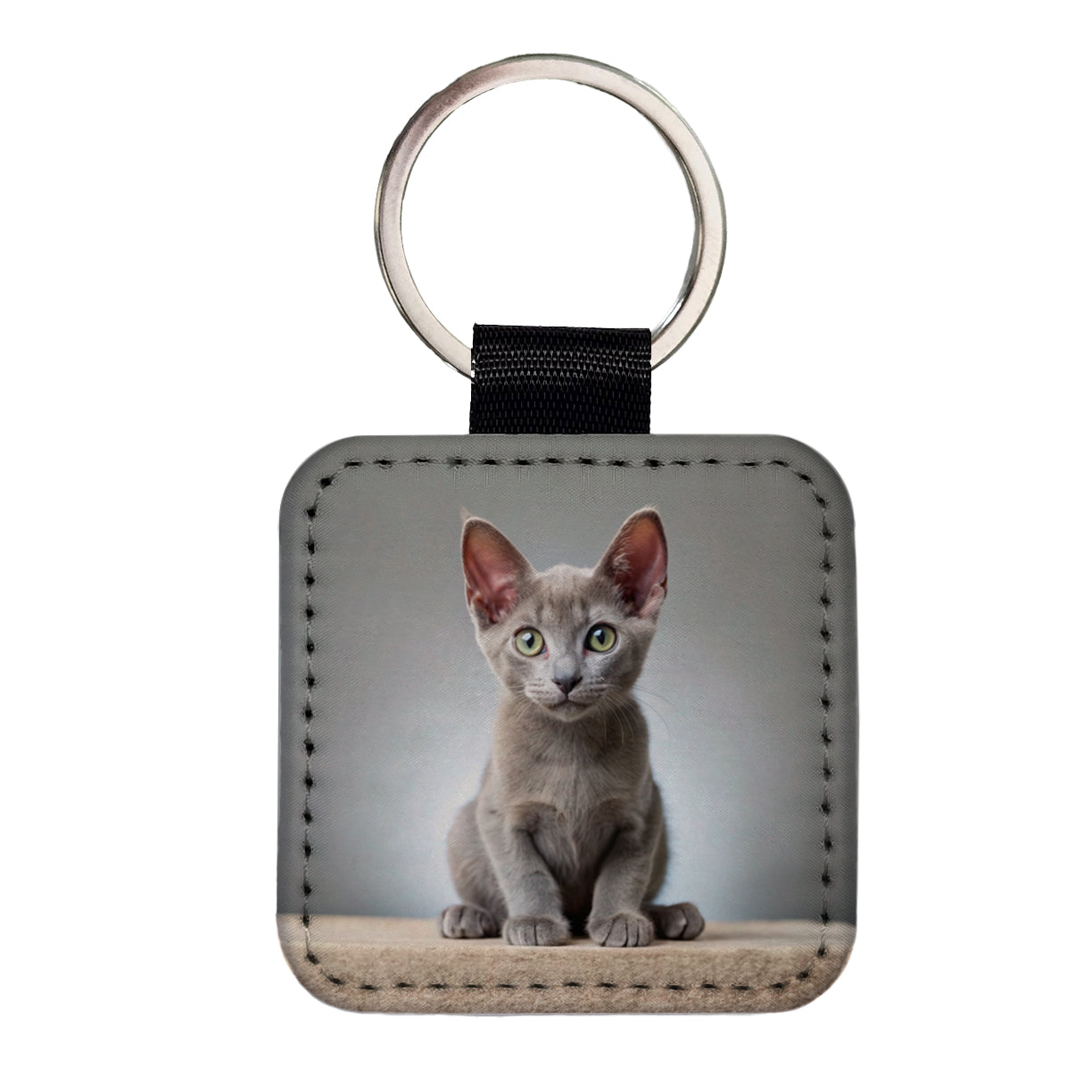 Korat Cat Kitten Photo Square Faux Leather Keychain