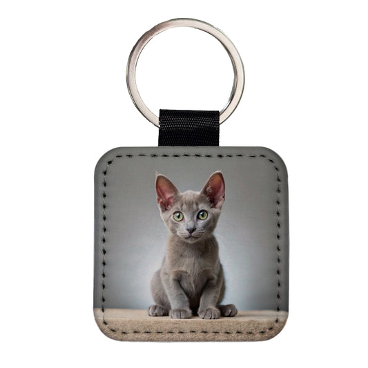 Korat Cat Kitten Photo Square Faux Leather Keychain