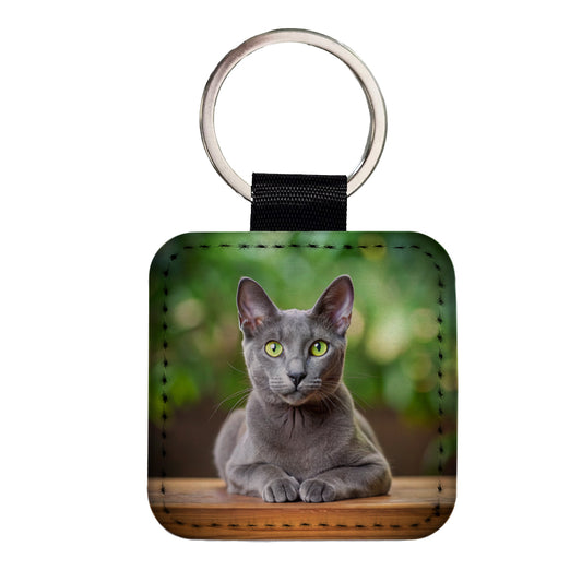 Korat Cat Photo Square Faux Leather Keychain
