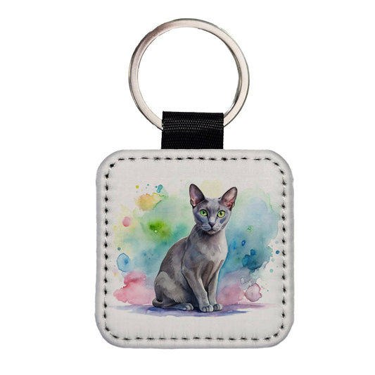Korat Cat Watercolor Style Square Faux Leather Keychain