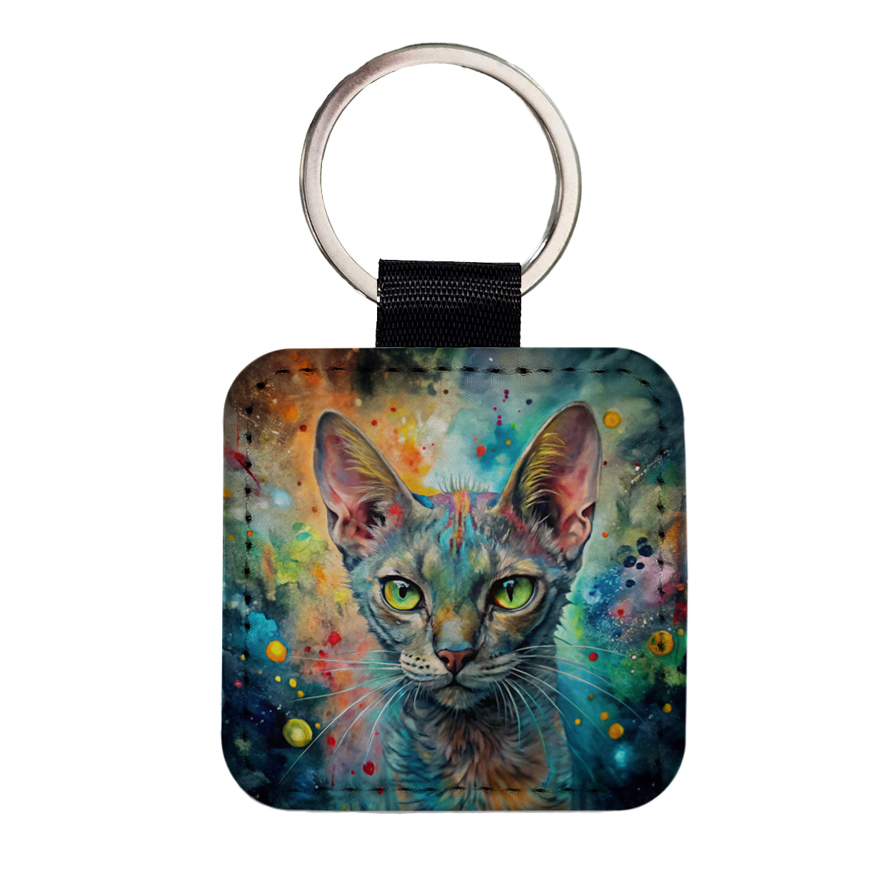 Lykoi Wolf Cat Abstract Art Square Faux Leather Keychain