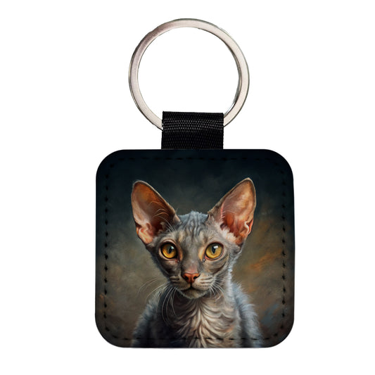 Lykoi Wolf Cat Illustration Square Faux Leather Keychain