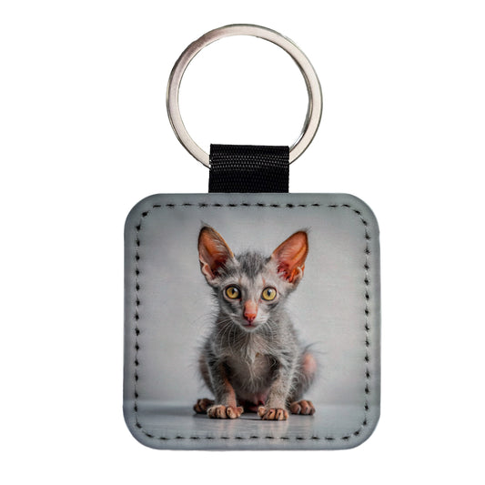 Lykoi Wolf Cat Kitten Photo Square Faux Leather Keychain