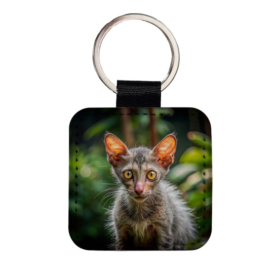 Lykoi Wolf Cat Photo Square Faux Leather Keychain