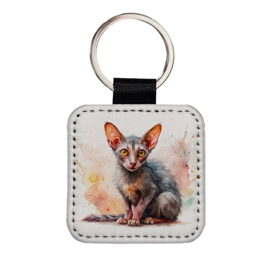 Lykoi Wolf Cat Watercolor Style Square Faux Leather Keychain