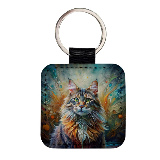 Maine Coon Cat Abstract Art Square Faux Leather Keychain