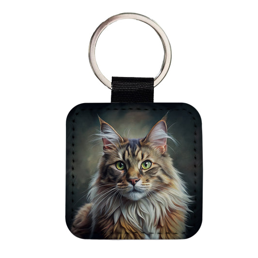 Maine Coon Cat Illustration Square Faux Leather Keychain