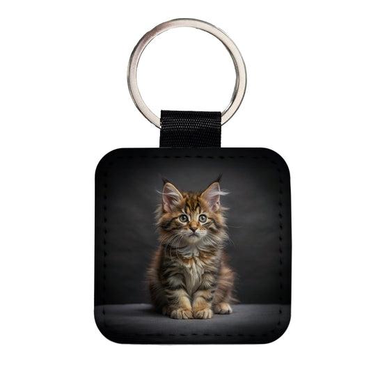 Maine Coon Cat Kitten Photo Square Faux Leather Keychain