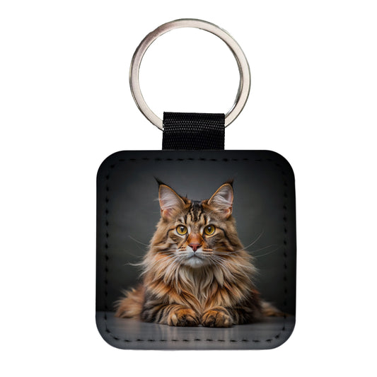 Maine Coon Cat Photo Square Faux Leather Keychain