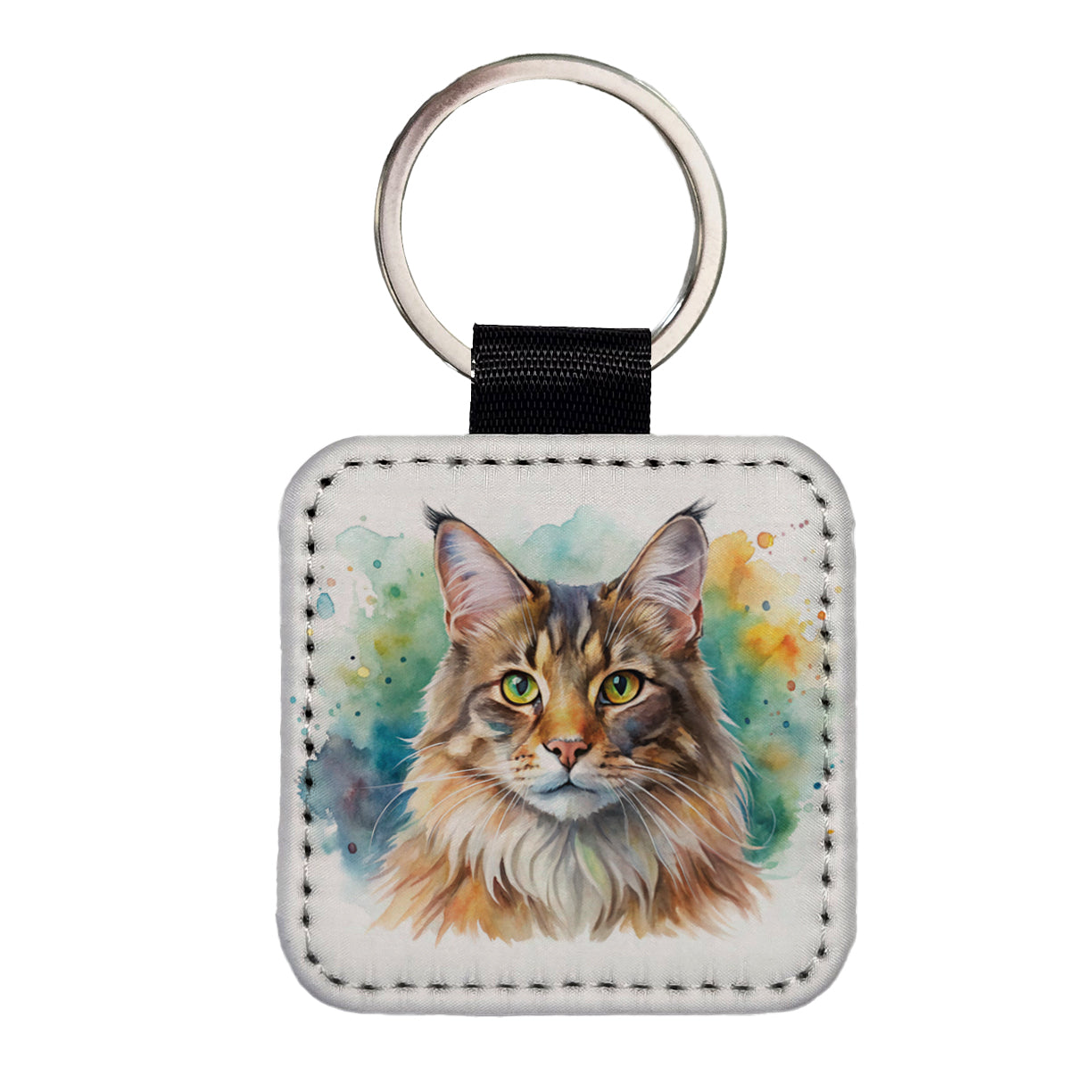 Maine Coon Cat Watercolor Style Square Faux Leather Keychain