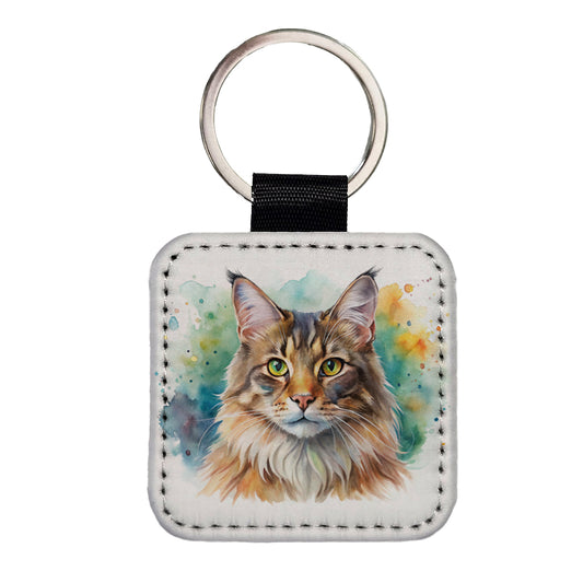Maine Coon Cat Watercolor Style Square Faux Leather Keychain