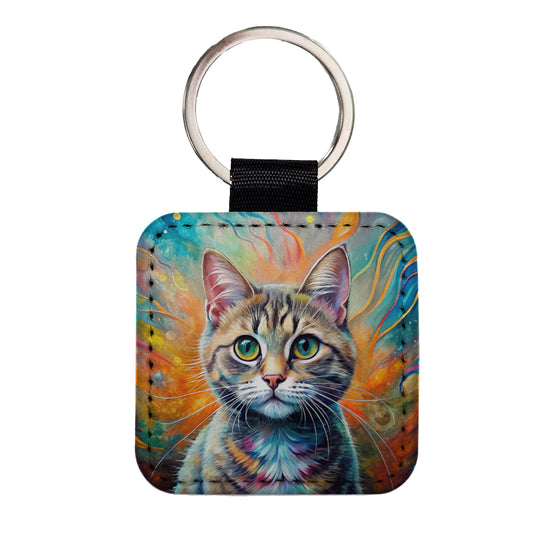 Munchkin Cat Abstract Art Square Faux Leather Keychain