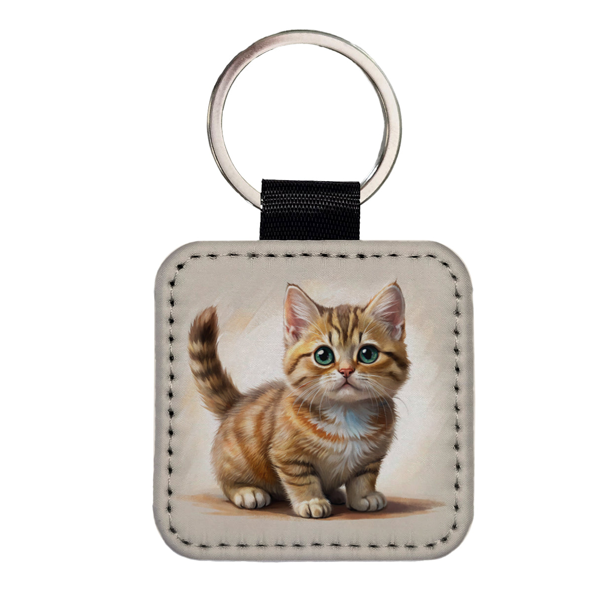 Munchkin Cat Illustration Square Faux Leather Keychain