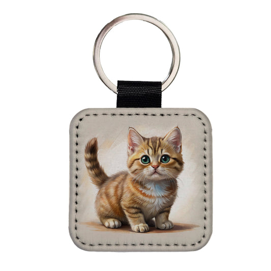 Munchkin Cat Illustration Square Faux Leather Keychain