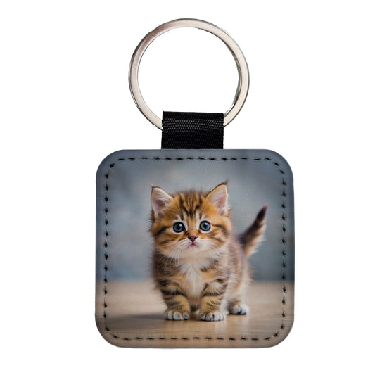 Munchkin Cat Kitten Photo Square Faux Leather Keychain