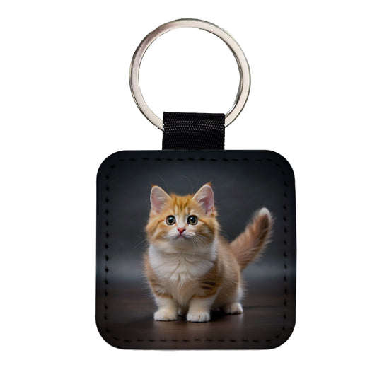 Munchkin Cat Photo Square Faux Leather Keychain