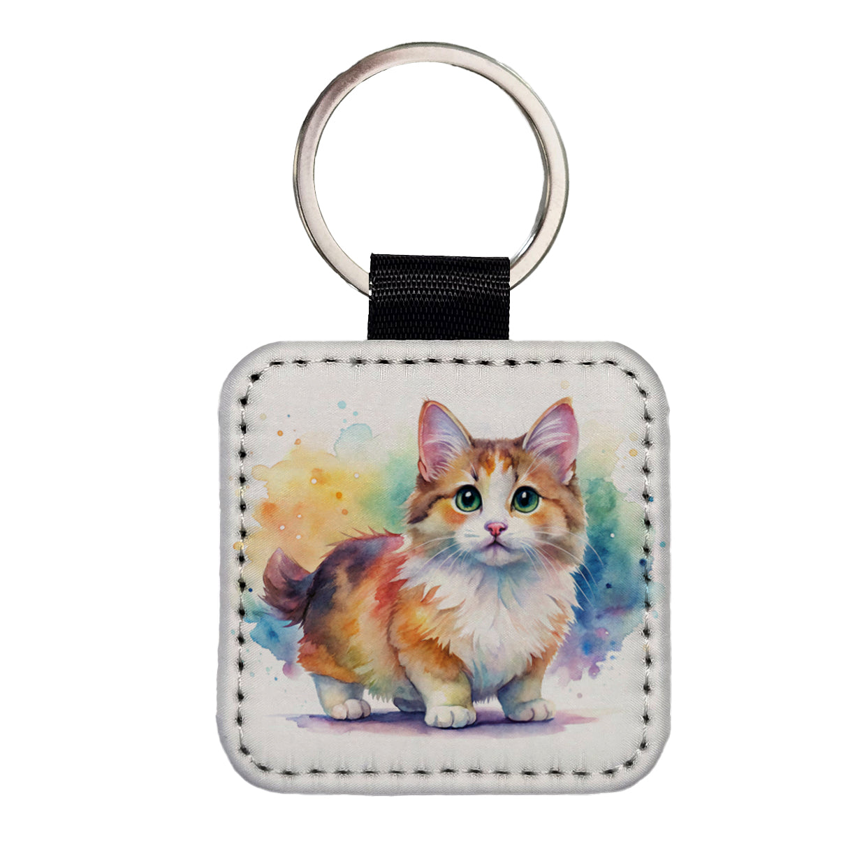 Munchkin Cat Watercolor Style Square Faux Leather Keychain