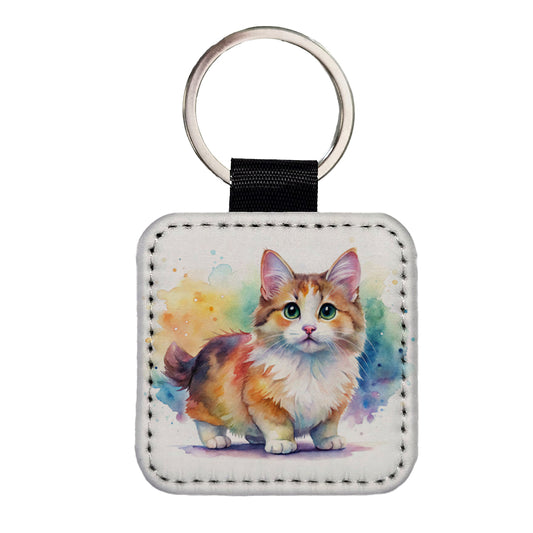 Munchkin Cat Watercolor Style Square Faux Leather Keychain