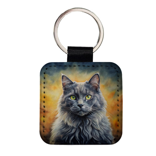 Nebelung Cat Illustration Square Faux Leather Keychain